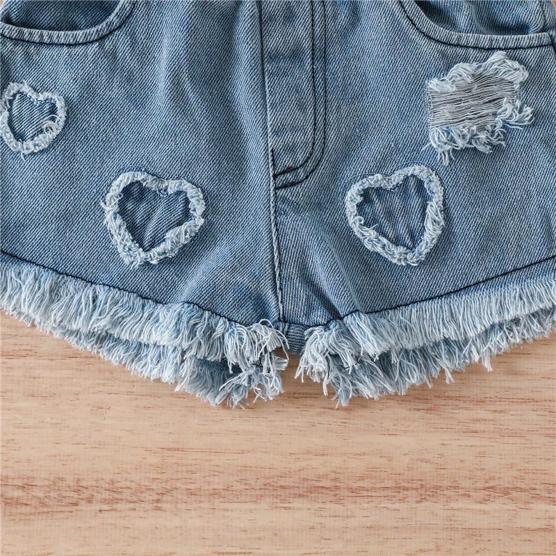 Summer Baby Clothing Set Sleeveless Heart Tank Top and Ripped Denim Shorts 0-24 Months Baby Clothes Newborn Baby Girls Outfits