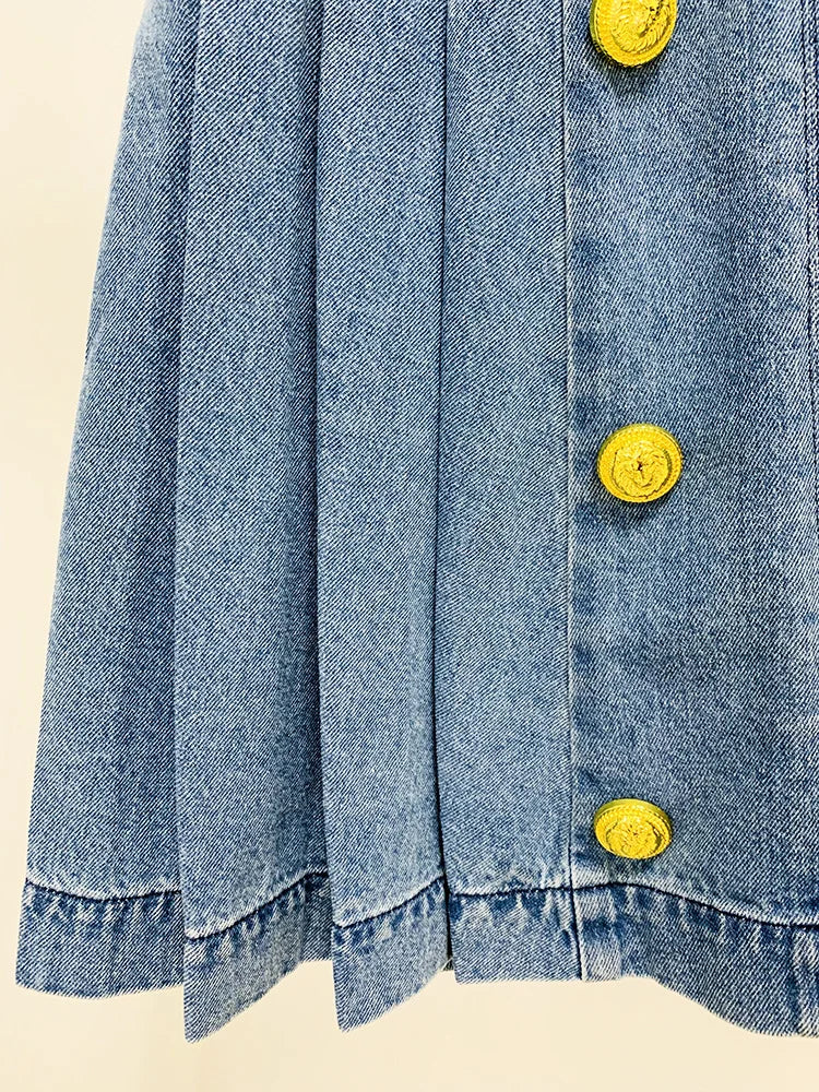 Denim Skirt Double Breasted Lion Button Pressed Pleated Washed Blue Denim Short Mini Skirt