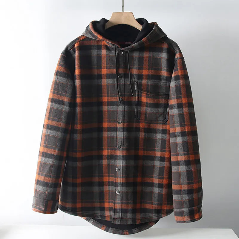 American Guy Style Autumn Winter Men's Fleece Thick Hooded Plaid Casual Jacket And Coats With Single Chest Pocket
