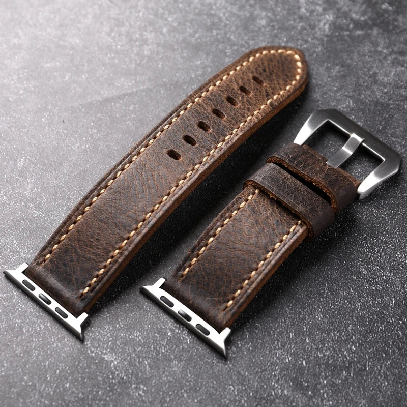 Vintage Style Titanium For Apple Watch  Leather Strap Thickened Soft Men's Bracelet