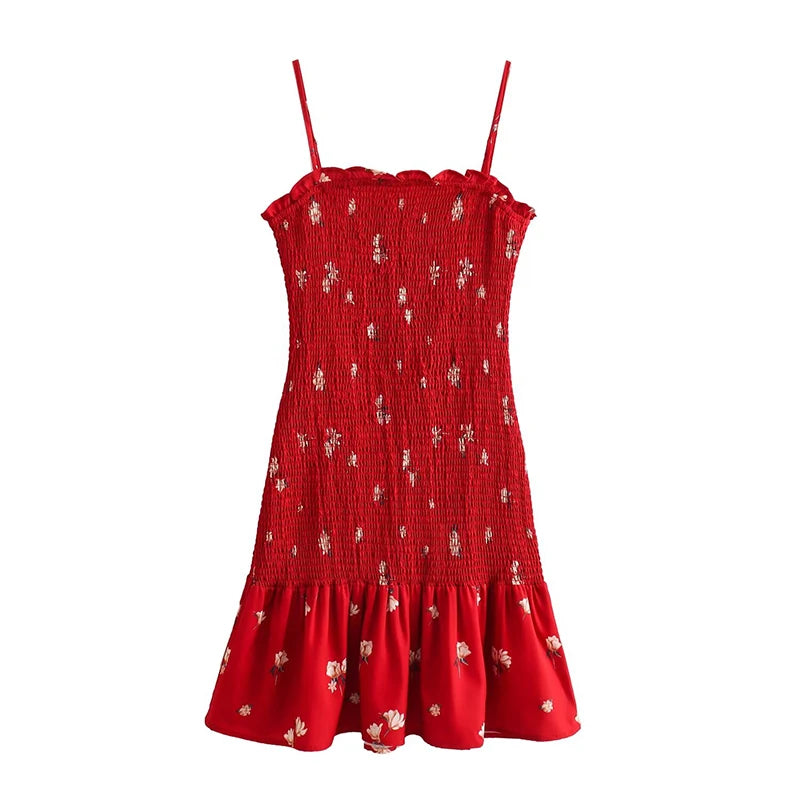 Elegant Women Red Floral Hem Ruffle Elastic Spaghetti Strap Dresses Short Summer