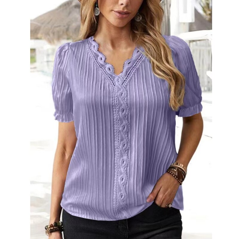 V-neck Elegant Summer Blouse Women Lace Hollow Out Short Sleeve Tops Loose Ladies Office Simple Casual Shirts