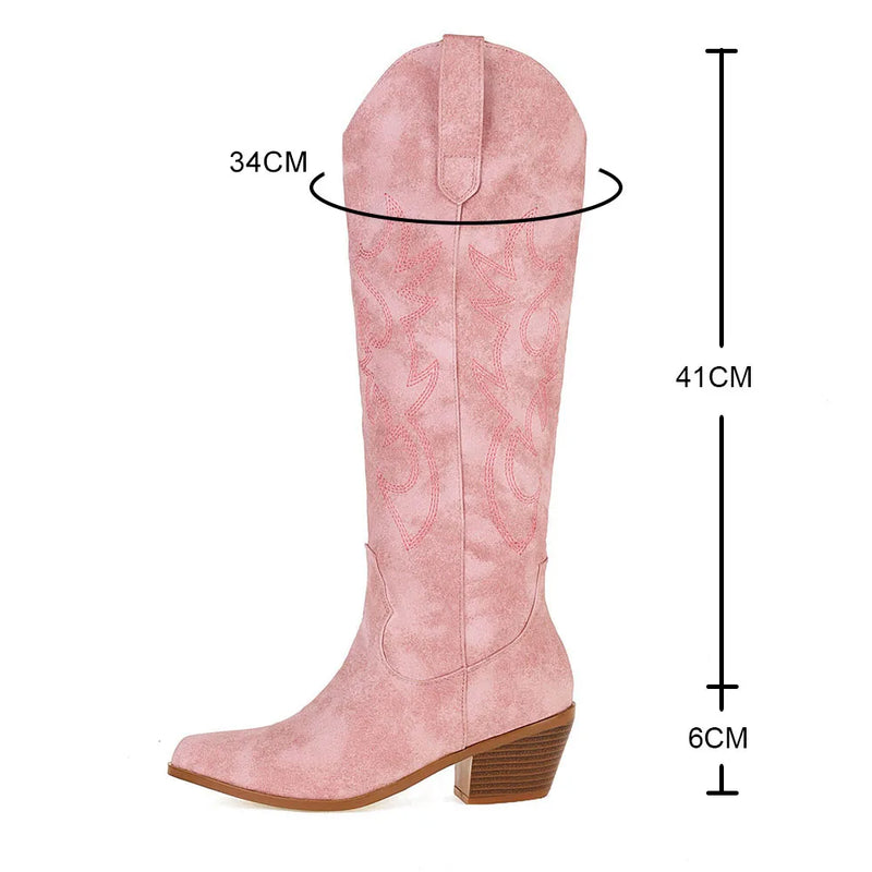 Retro Western Boots Women Pink Embroidered Pointed Toe Winter Knee High Boot