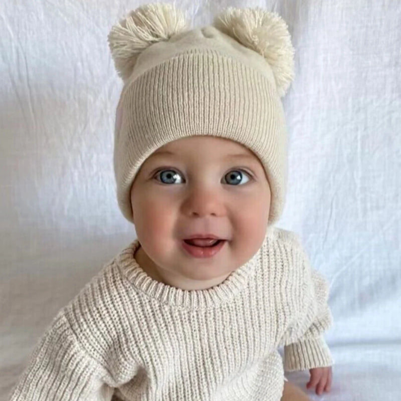 Wool Knit Bonnet for Winter Warm Hat Solid Knitted Two Balls Children Beanie Girl Boy Crocheted Autumn Hats