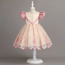 Girls Bubble Sleeves Princess Dress Elegant Girls' Piano Performance Lace Short Dress Embroidered Petal Wedding Party Dress