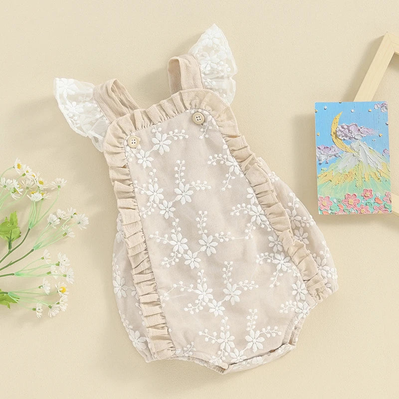 Newborn Infant Baby Girls Rompers Lace Embroidery Buttons Frills Fly Sleeve Infant Bodysuits Summer Clothes Princess Jumpsuits