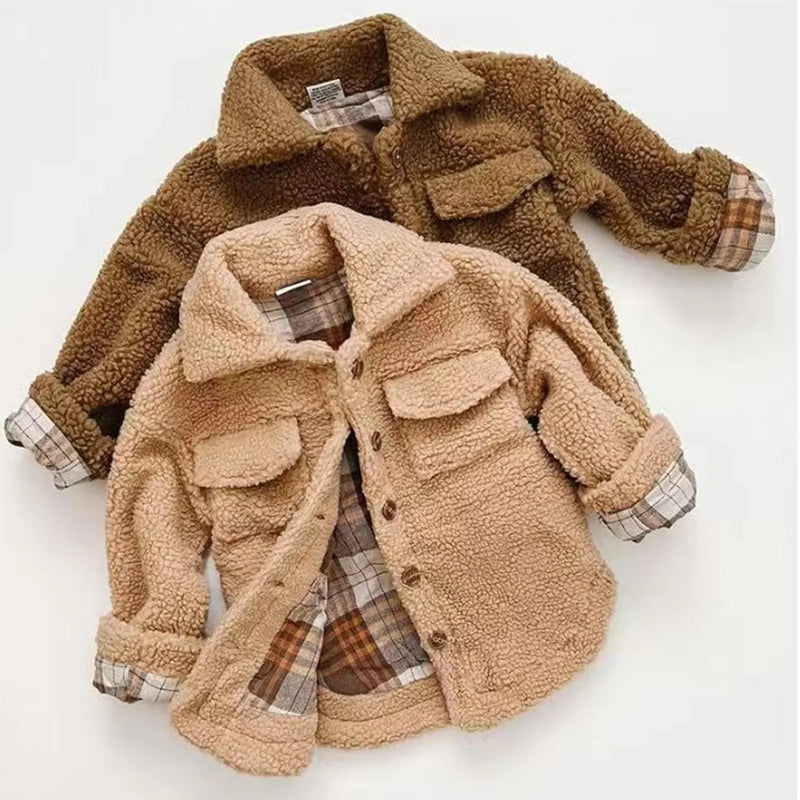 Winter Grid Jackets Boys Girl Plush Single-breasted Baby Boy Coat Lapel Autumn Kids Outerwear Coats Children Overcoat