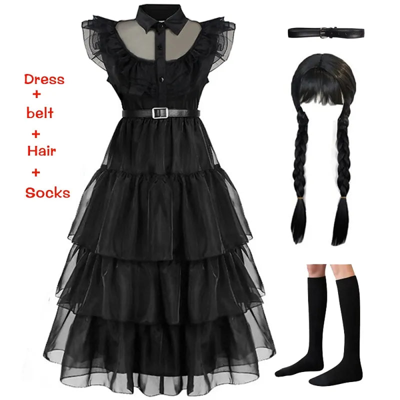 Wednesday Black Lace Halloween Dress Up Girl's Birthday Party Performance Dress New Girl Role Playing Dress