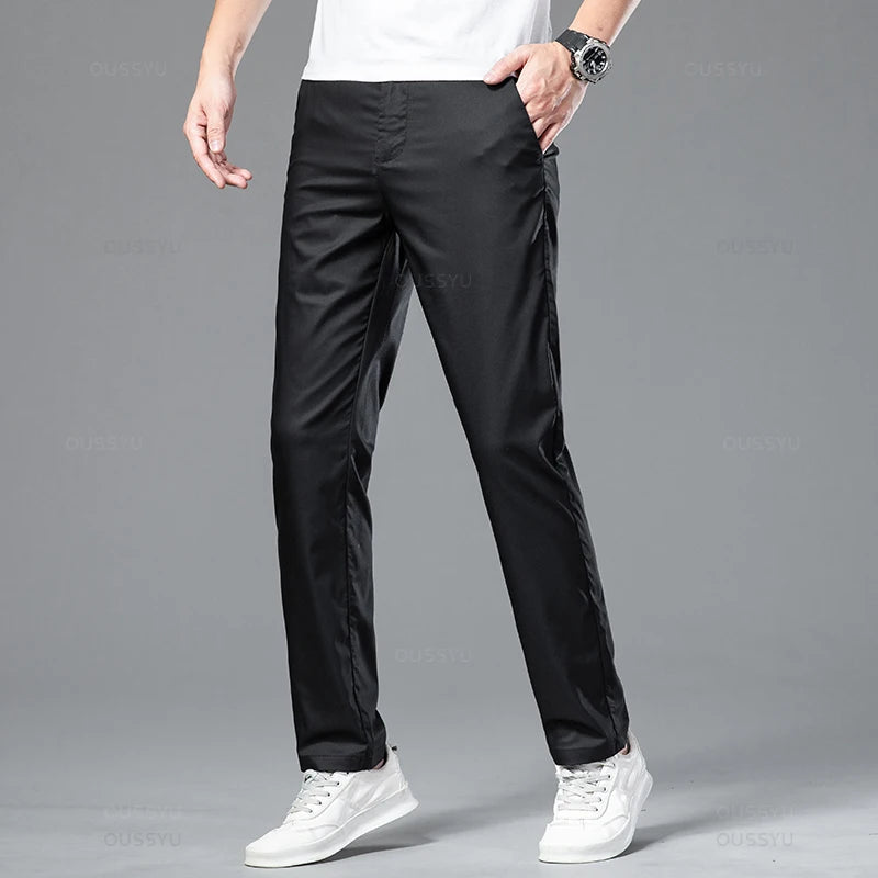 Summer Cosy Soft Bamboo Fibre Straight Suit Pants Men Business Stretch Thin Navy Blue Casual Trousers