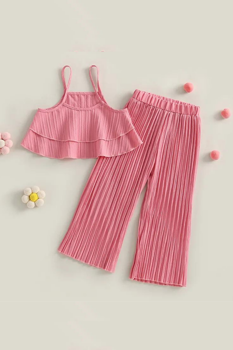 Kids Girls Clothes Suits Solid Color Ruffles Sleeveless Sling Tank Tops and Elastic Waist Pleated Wide-Leg Pants 2Pcs Set
