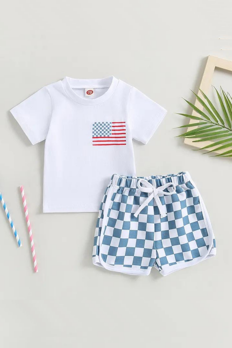 Baby 2 Piece Outfits 4th of July Flag Short Sleeve T-Shirt and Elastic Checkerboard Shorts Set Summer Boy Girl Clothes Set