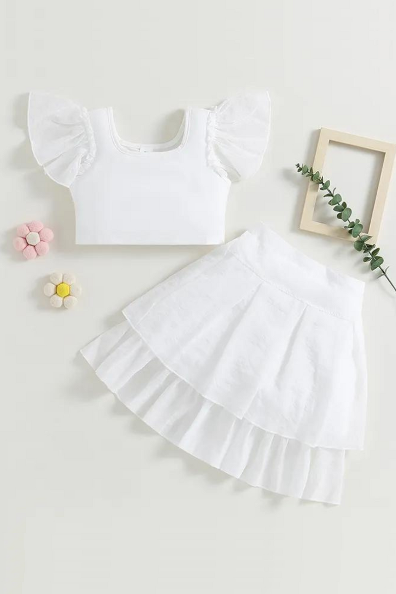 Summer Girls Clothing Sets Casual Short Sleeve Crop Tops White Elastic Band Skirt Baby Clothes Children Kids Outfits