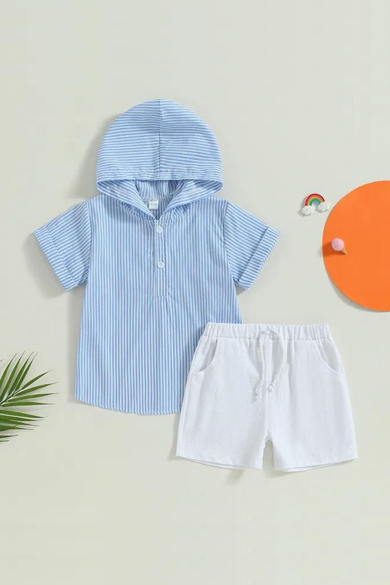 Toddler Kid Boys 2PCS Clothing Sets Short Sleeve Striped Hooded Tops and Drawstring Shorts Sets Summer Clothes