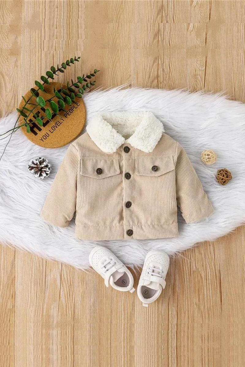 Toddler Boys Girls Autumn Winter Coat Beige Long Sleeve Lapel Button Down Plush Jacket Outerwear Baby Clothes