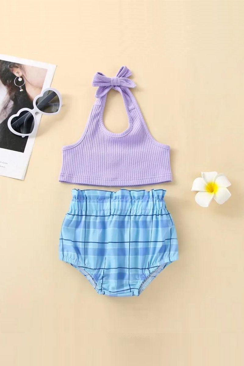 Toddler Kid Baby Girls Summer Clothing Outfit Sets Purple Hanging Neck Sleeveless Tank Tops