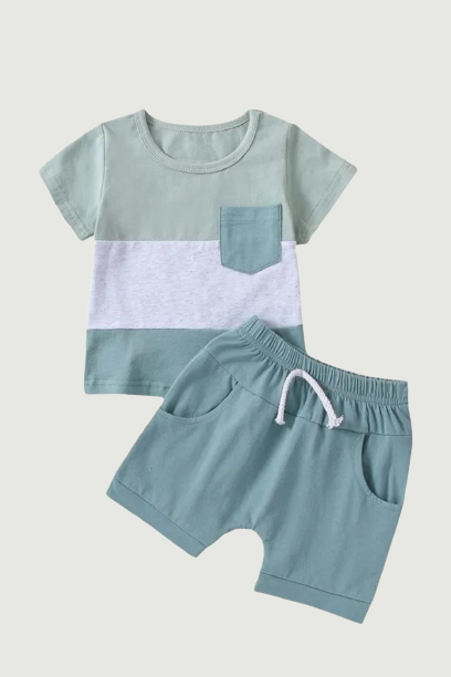 Toddler Baby Boy Summer Clothes Set Short Sleeve Round Neck Stripe Print T-Shirt + Elastic Waist Solid Shorts