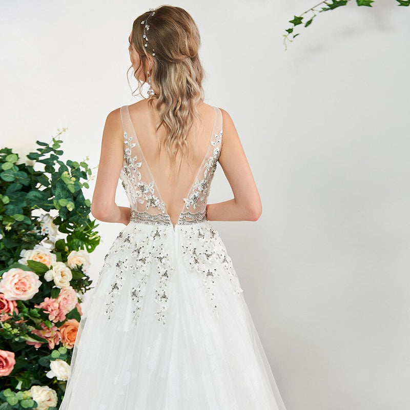 Dress elegant ivory sleeveless a line appliques sleeveless beading wedding dress