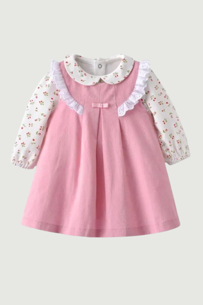 Baby Girls Dress Set Kids Floral Cotton Shirts Lace Pink Dress Children First Birthday Wear