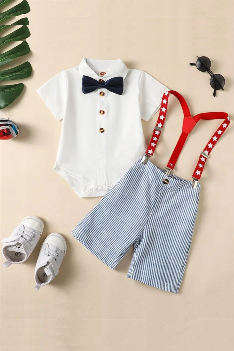 Baby Boys Gentleman Outfit Summer Solid Color Short Sleeve Romper Top and Casual Star Striped Suspender Shorts Set
