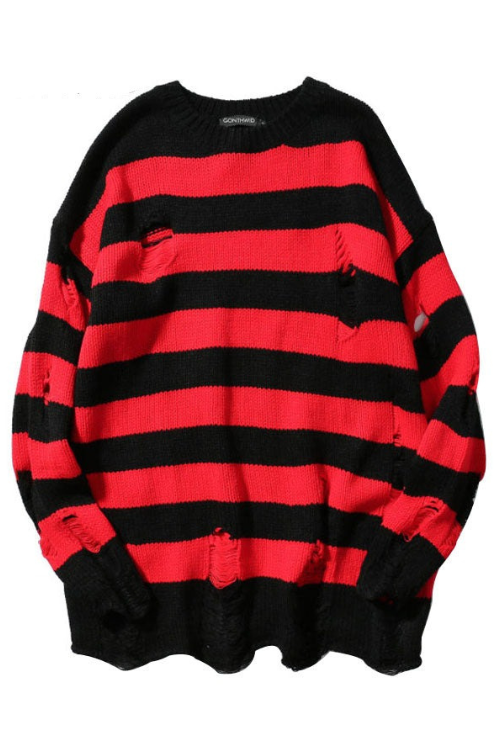 Ripped Stripe Knit Sweaters Men Hip Hop Hole Casual Pullover Sweater Male Loose Long Sleeve Sweaters Red Black