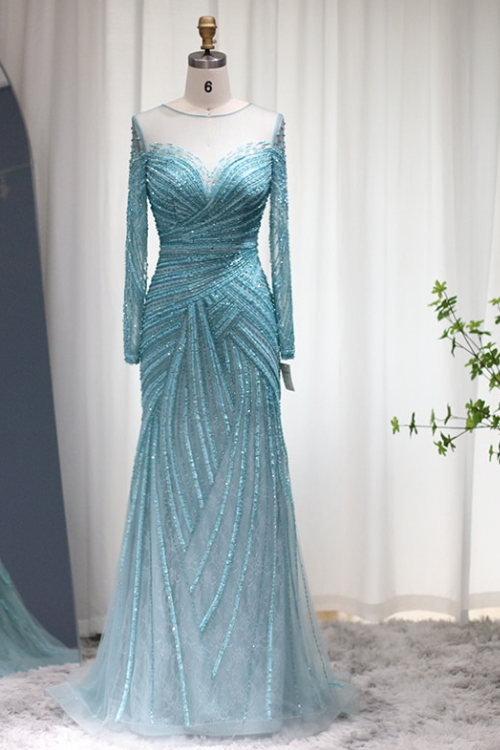 Sharon Said Luxury Dubai Blue Mermaid Evening Dresses for Women Wedding Elegant White Long Sleeve Formal Prom Gowns