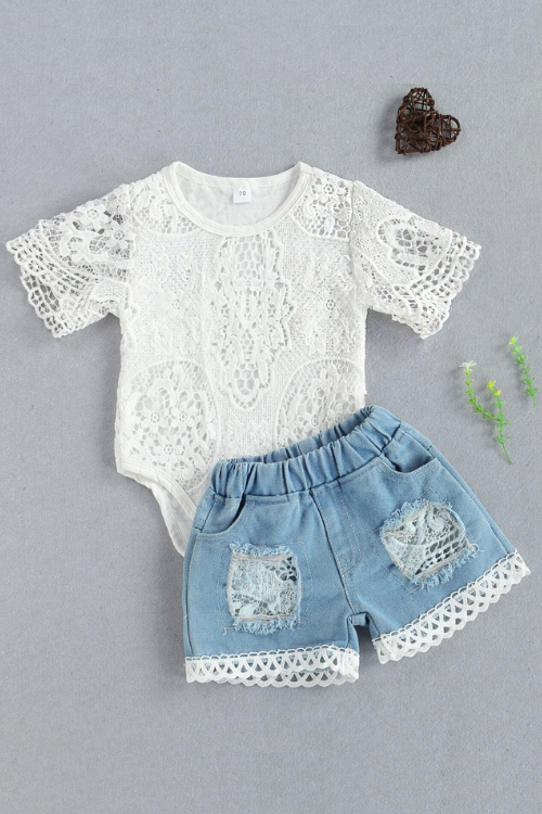 Infant Newborn Baby Girls Summer Clothes Sets White Lace Flowers Bodysuits Top + Elastic Denim Shorts 2PCs Outfits
