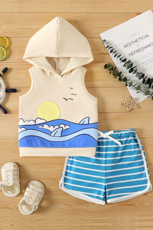 Baby Boy Embroidered Hooded Tank Top and Striped Shorts Set