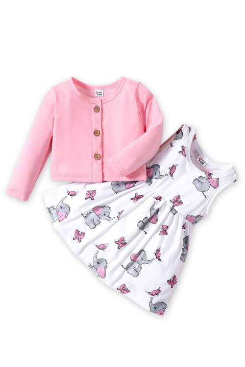 Baby Girl Clothing Set Pink Long-sleeve Cardigan with Cartoon Elephant and Butterfly Sleeveless Dress Set