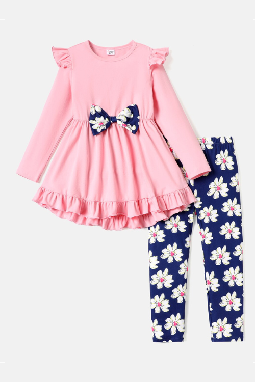 Kid Girl High Low Bowknot Design Tee and Floral Leggings Set