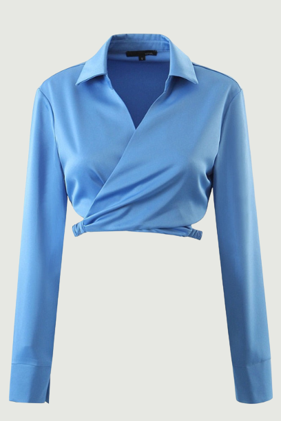 Autumn Blue Short Blouses Women Crop Top Casual Chic Office Ladies Pullover V-neck Long-Sleeved Loose Drape Shirt