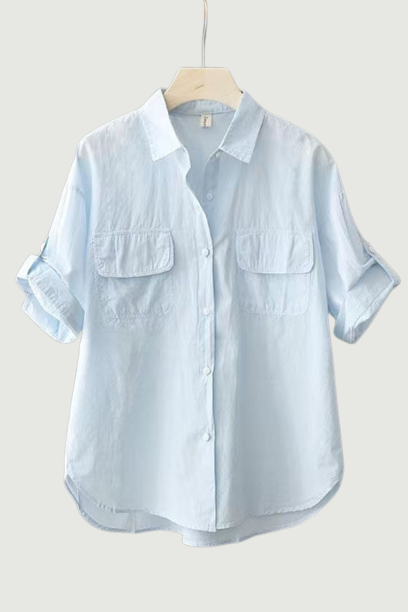 Summer Short Sleeve Cotton Shirt Women Casual Tops Solid Loose Fashion Blouse Elegant Pocket Office Lady Shirts Clothing