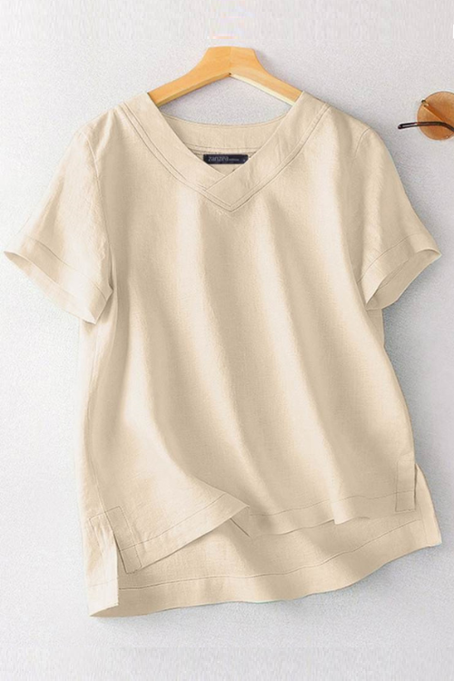 Summer Solid Tops Woman Short Sleeve V-Neck Chemise Female Loose Casual Cotton Blouse Oversize