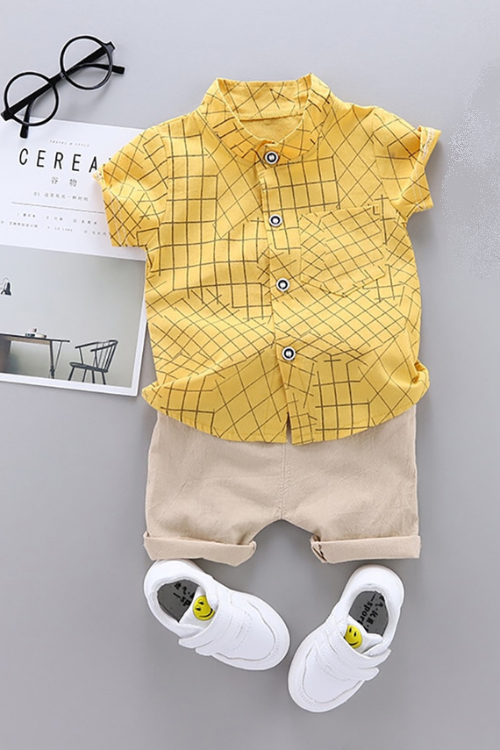 Kids Baby Boy Clothes Simple Lattice Summer Sets 2Pcs Short Sleeve Shirt+Shorts Child Boy Beach Wear Outfits