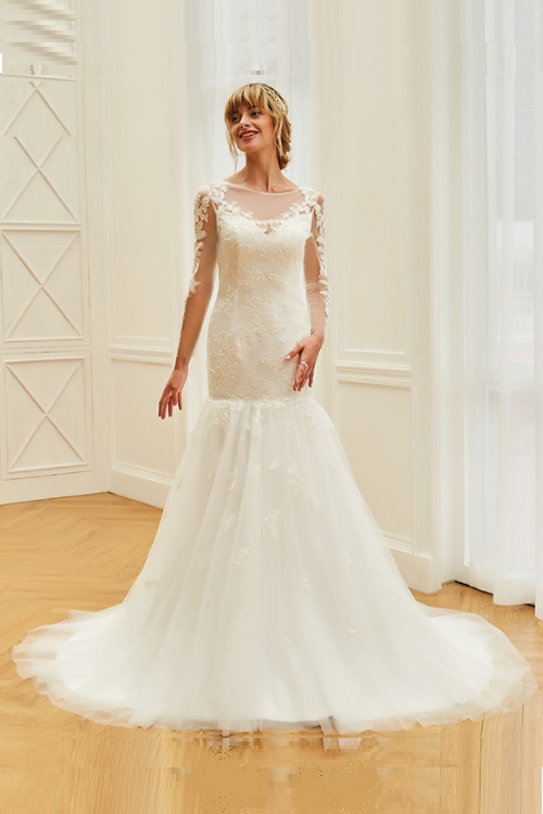 ivory mermaid appliques wedding dress long sleeves trumpet button floor length bridal outdoor church wedding dresses