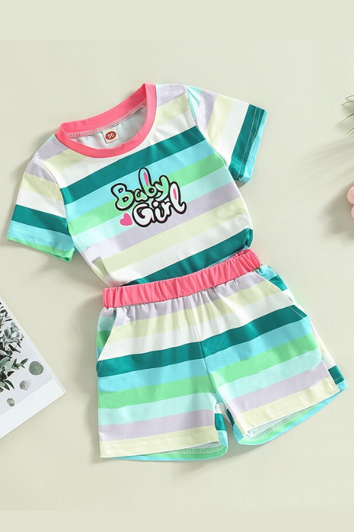 Children Baby Girls Clothes Set Short Sleeve Striped Letters T-Shirt + Casual Shorts 2pcs Summer Outfit