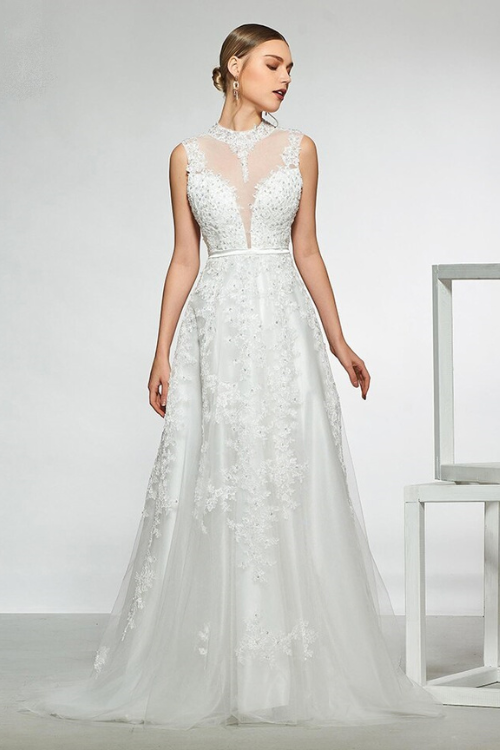 Elegant high neck a line appliques sleeveless beading hollow wedding dress