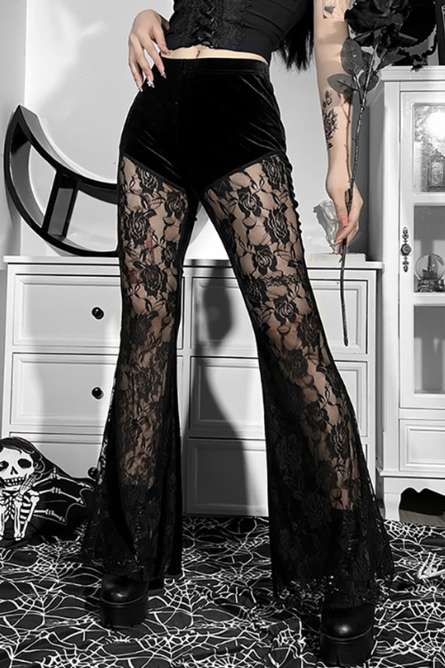 Goth Dark Velvet Vintage Mesh Women Flare Pants Mall Gothic Grunge Sexy See Through Trousers Punk Black Slim Alt Clothes