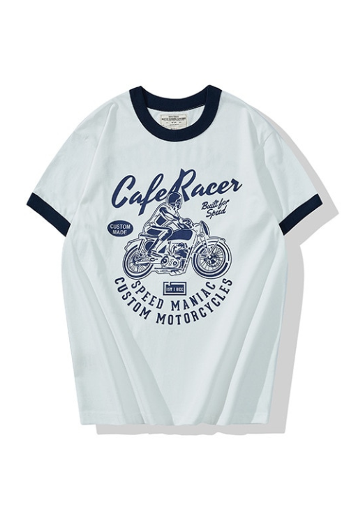 Summer Men Short Sleeved Casual Motorcycle Printed Cotton Round Neck Matching Collar T-Shirt