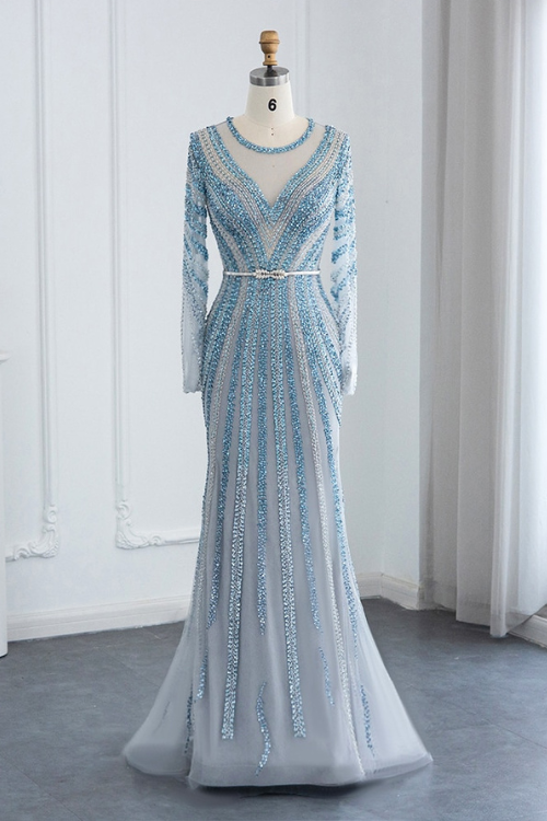 Luxury Dubai Blue Mermaid Evening Dress with Belt Long Sleeves Beaded
