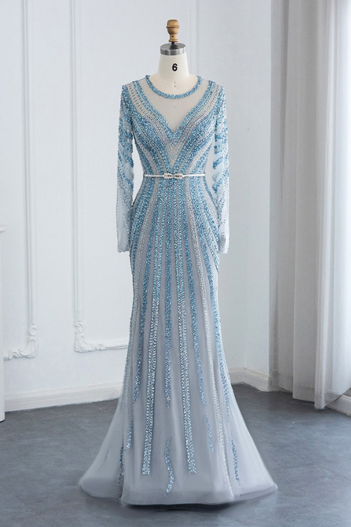 Luxury Dubai Blue Mermaid Evening Dress with Belt Long Sleeves Beaded Women Wedding Formal Party Gowns