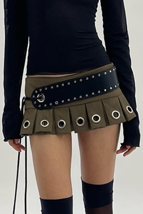 Vintage Punk Belt Low Rise Pleated Skirt Women Hottie Super Short Eyelet Party Summer Skirts 90s Mini