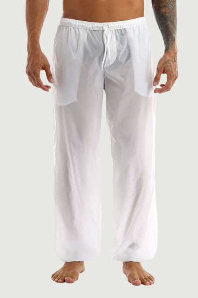 Mens Male Ultra-Thin Elastic Waist Drawstring Loose Fit Trousers Long Pants with Pockets Casual Summer Beachwear