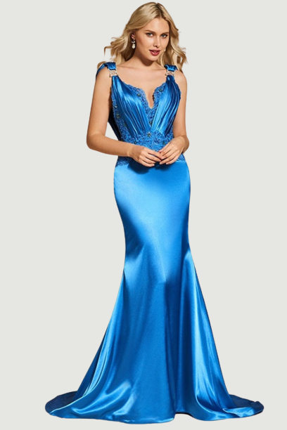 Royal blue evening dress mermaid elegant v neck lace floor-length beading wedding party formal dress evening dresses