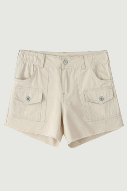 Women Beige High Waist Multi Pocket Tassel Short Denim Pants Summer Ladies Casual Female Knitted Shorts