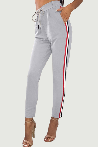 Vangull Casual Gray Side Stripe Pencil Pants Women High Waist Lace Up Leggings Female Spring Elastic Waist Ankle-Length Pants