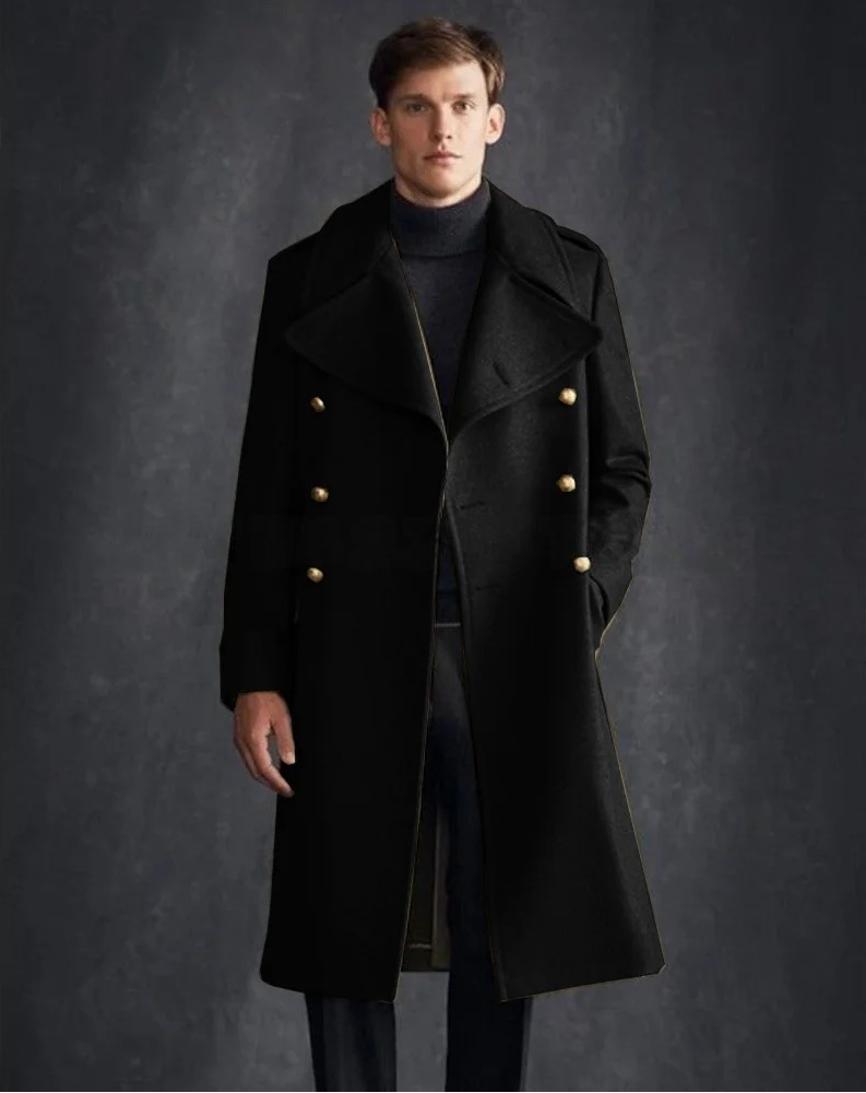Men's Woolen Long Coat V-neck Single-breasted Business Casual Viking Cloak Winter Coats for Man Jackets
