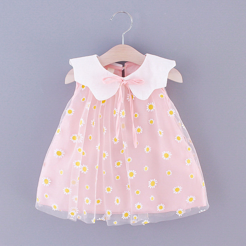 Baby Girls Dress Summer Sailor Collar Sleeveless Embroidery Cute Dress Daisy Tulle Princess Dress
