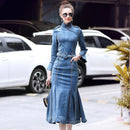 Robe en Denim élégante pour femmes, manches évasées, style sirène, bleu, Slim, tenue de soirée, moulante, vêtements mi-mollet, automne