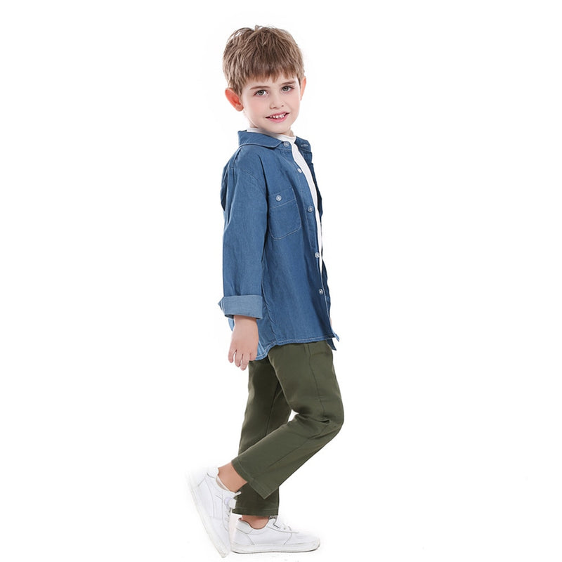 Toddler Children Clothing Spring Solid Blue Shirt White T-Shirt Green Pants 3 PCS/Set for Infant Boys Kits Casual Outfit