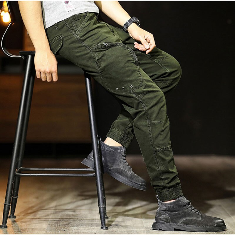 Men Cargo Pants Cotton Zipper Pocket Little Feet Overalls Army Military Style Breathable Casual Motion Outdoor On Foot Trousers